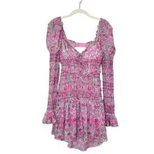 For Love and Lemons Oakley Dress Pink Smocked Floral Mini Valentines SZ Small